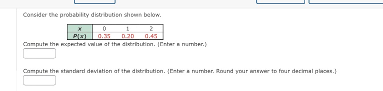  Consider the probability distribution shown below. X 0 1 2 P(x)