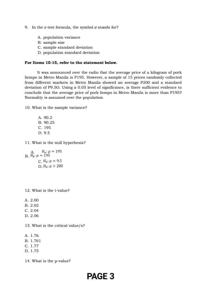 a sample of 15 prices randomly collected from different markets in Metro