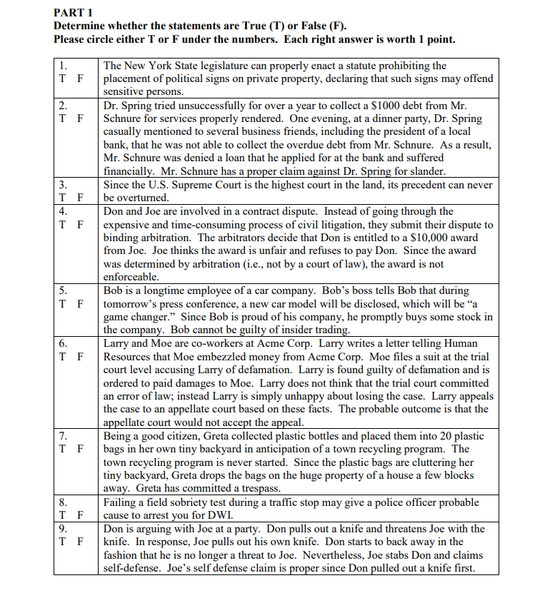  PART 1 Determine whether the statements are True (T) or False