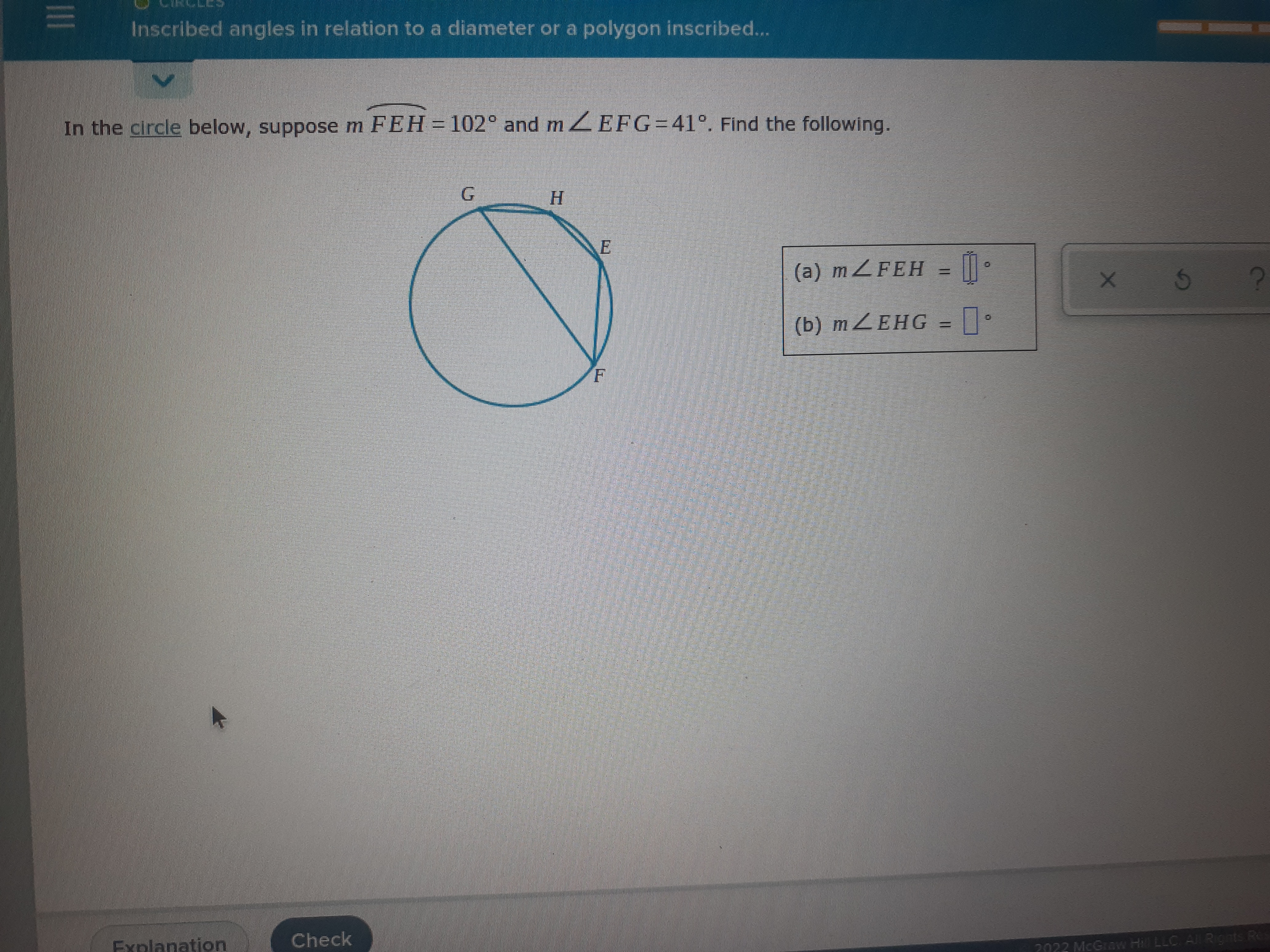 inscribed... In the circle below, suppose m FEH = 102 and m