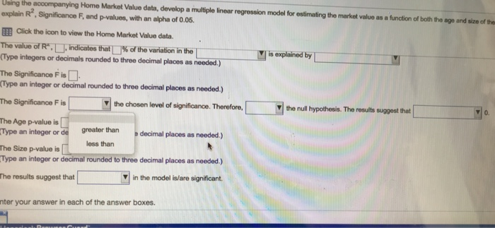 the multiple linear regression test. HO State the model for predicting MarketValue