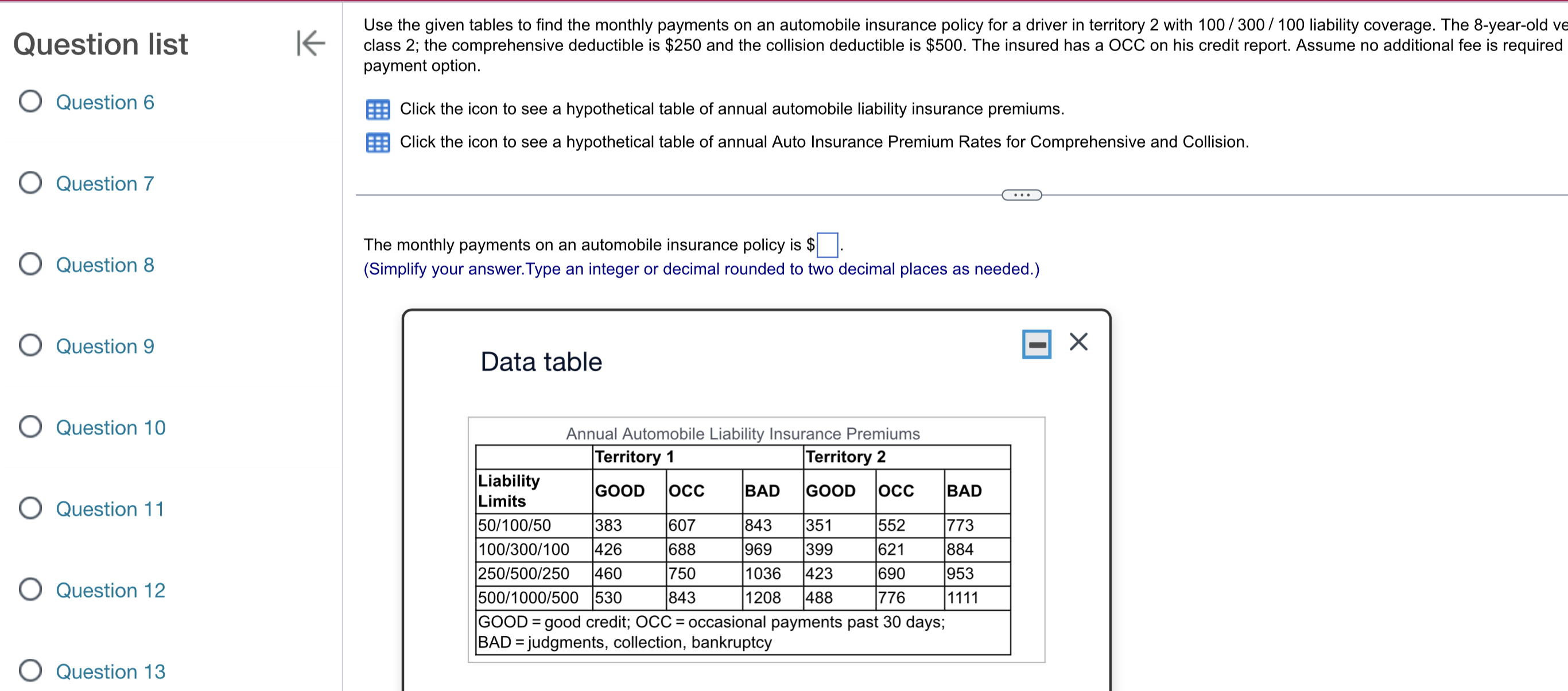 Liability coverage: 100/300/100 Comprehensive deductible: $0 O Question 7 Collision deductible: $1000