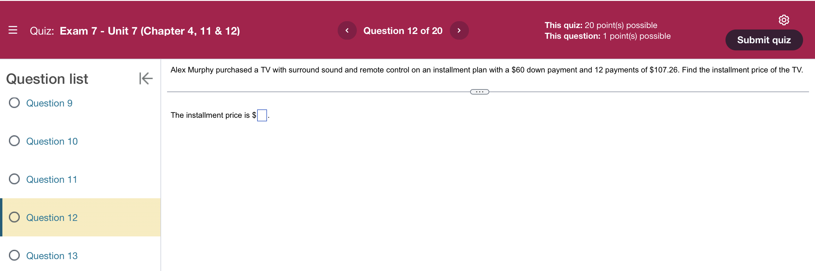 1 point(s) possible Submit quiz A credit card has an average daily