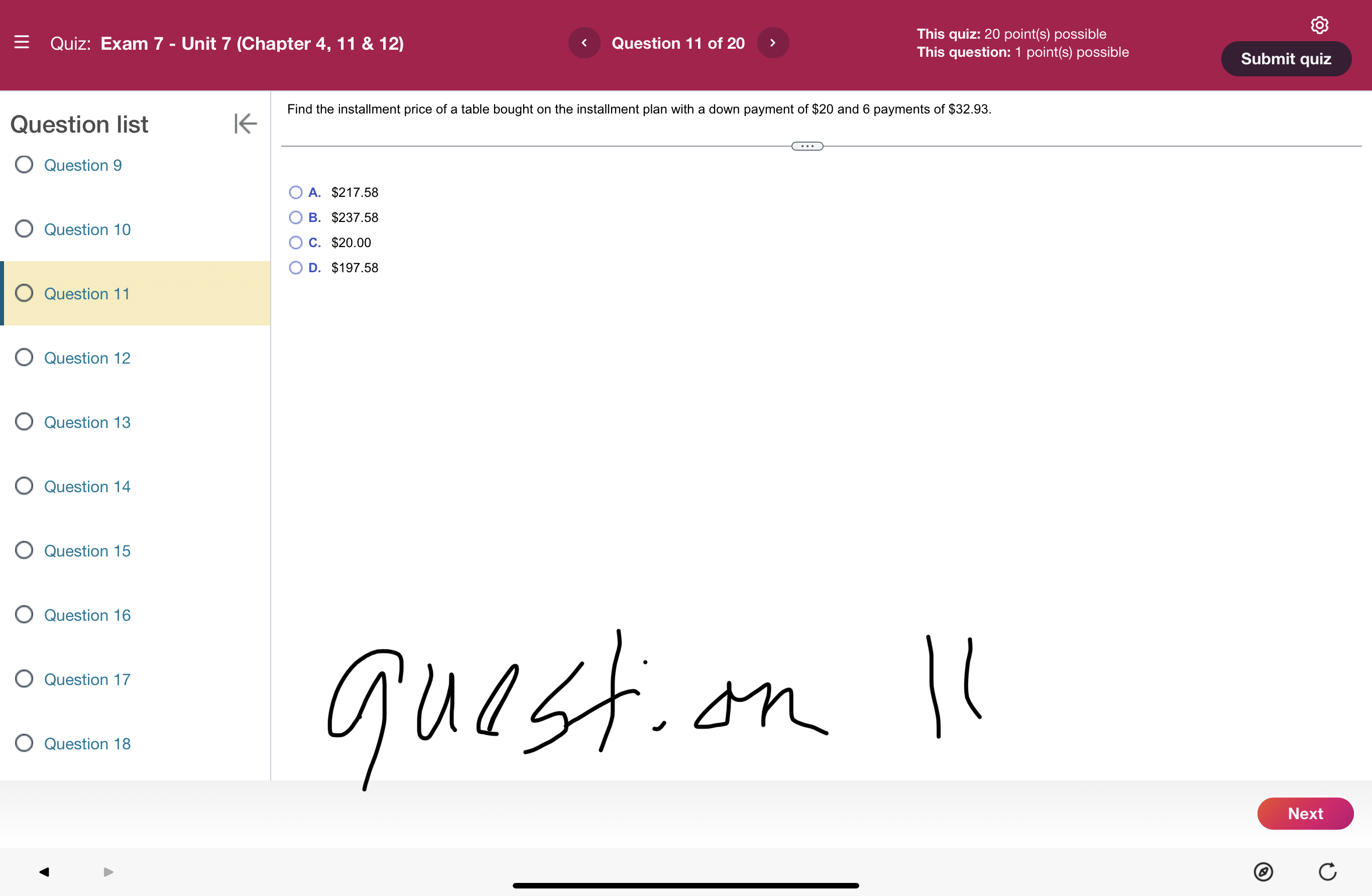 (Chapter 4, 11 & 12) Question 15 of 20 This quiz: 20