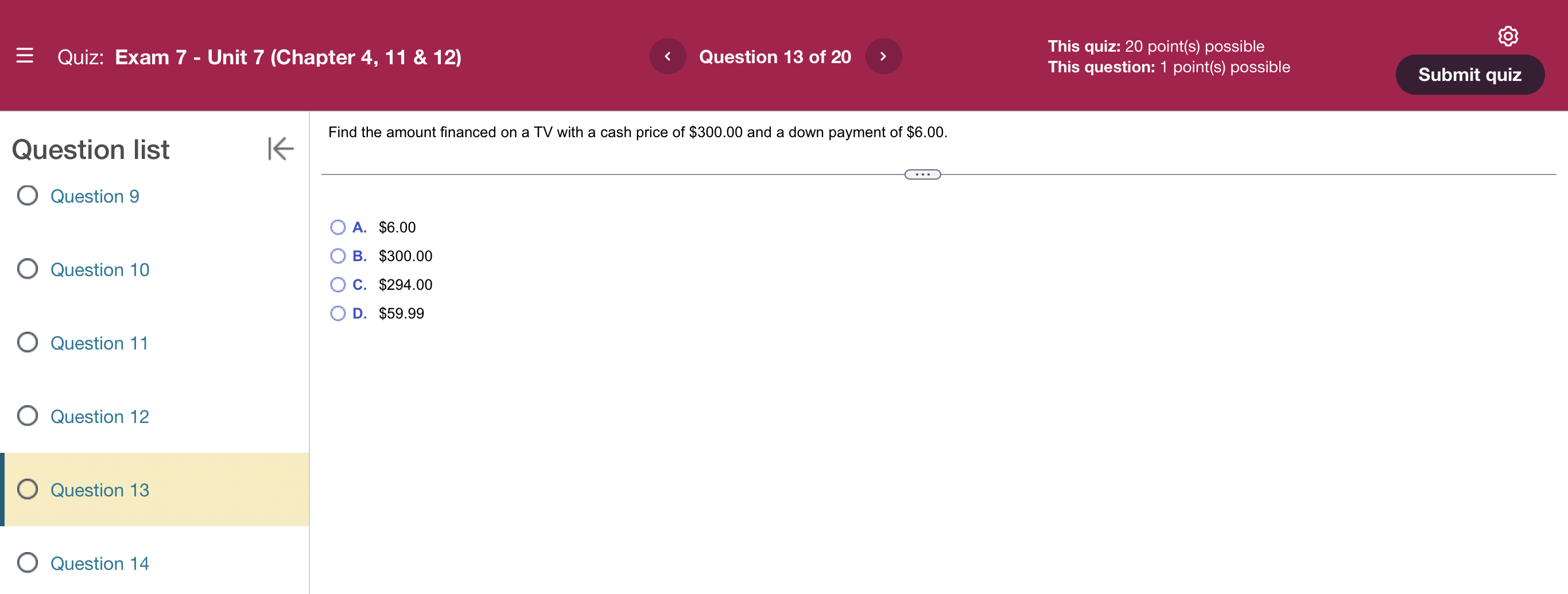 O D. $16.58 Question 11 O Question 12 Question 13 O Question