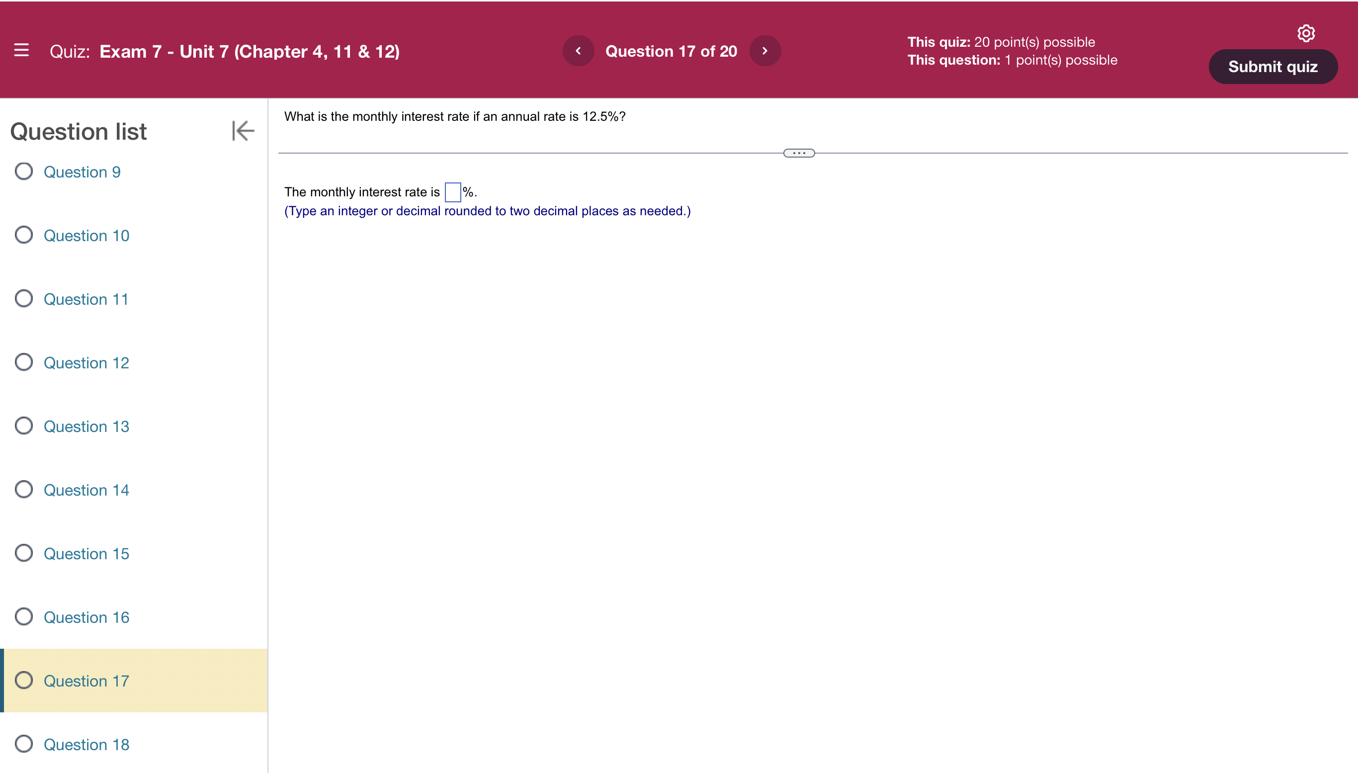 14 O Question 15O = Quiz: Exam 7 - Unit 7 (Chapter