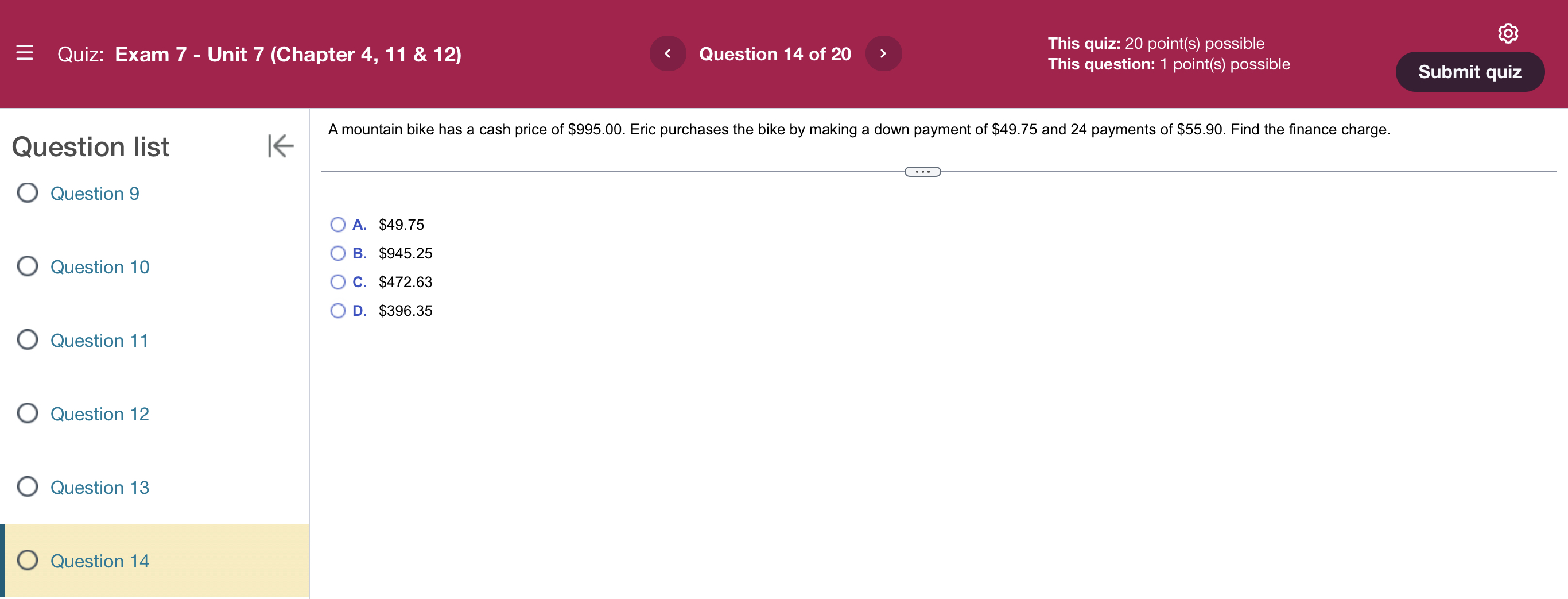 4, 11 & 12) Question 12 of 20 This quiz: 20 point(s)