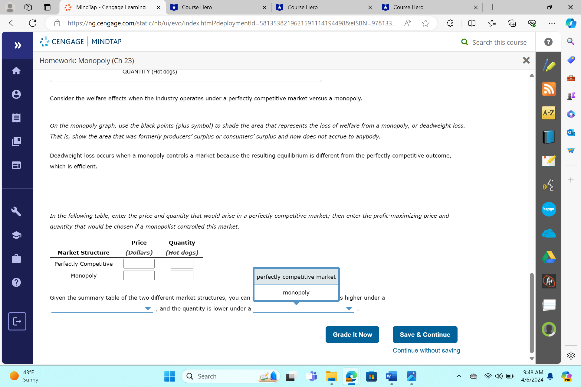 that will result from perfect competition. Use the green EI point (triangle
