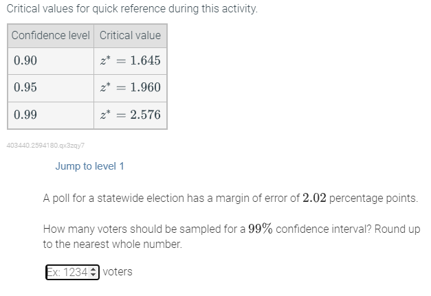 Critical values for quick reference during this activity. Confidence level Critical value