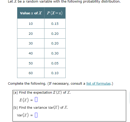 Value x of X P ( X=x) 10 0.15 20 0.20 30