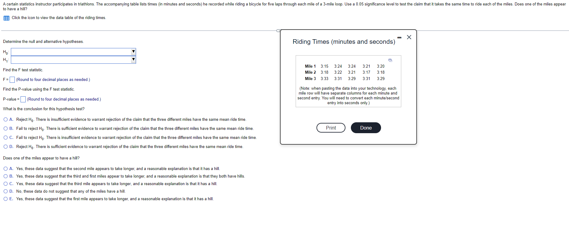 (in minutes and seconds) he recorded while riding a bicycle for five