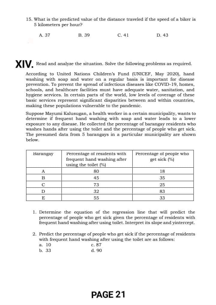 best fit or regression line? A. y' = 0.65x + 31.66 C.