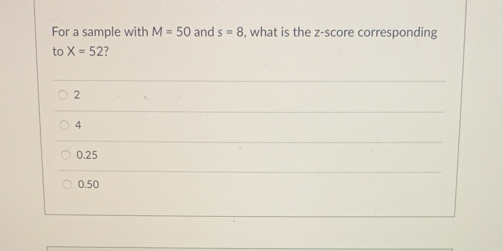 what is the z-score corresponding to X = 52? O 2 0