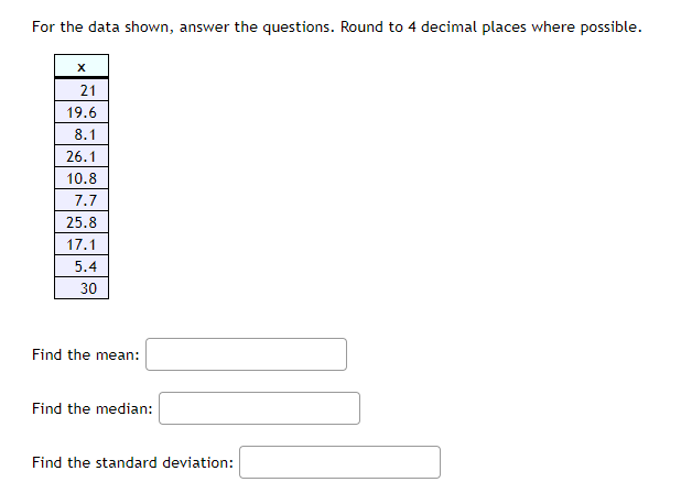  For the data shown, answer the questions. Round to 4 decimal