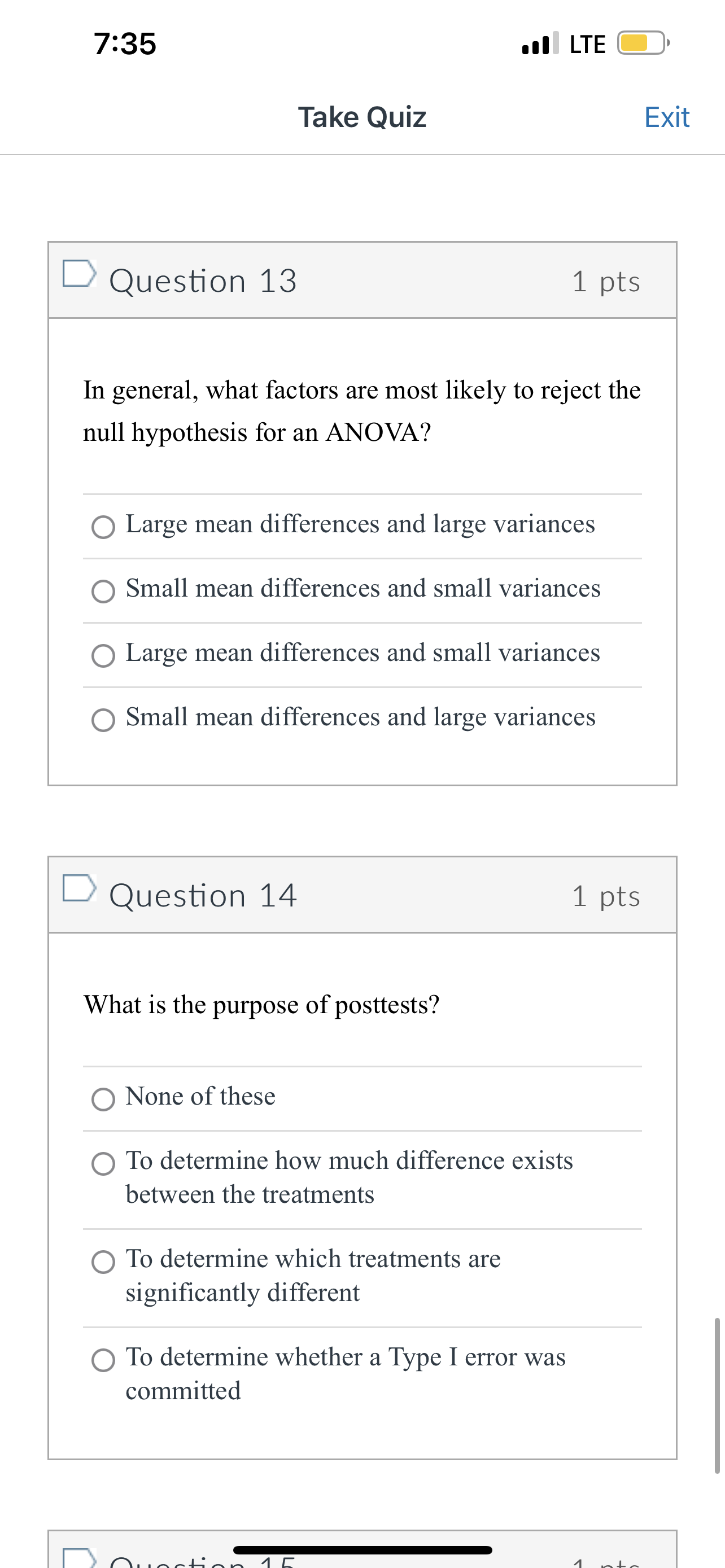 011 D Question 9 1 pts In analysis of variance, what is