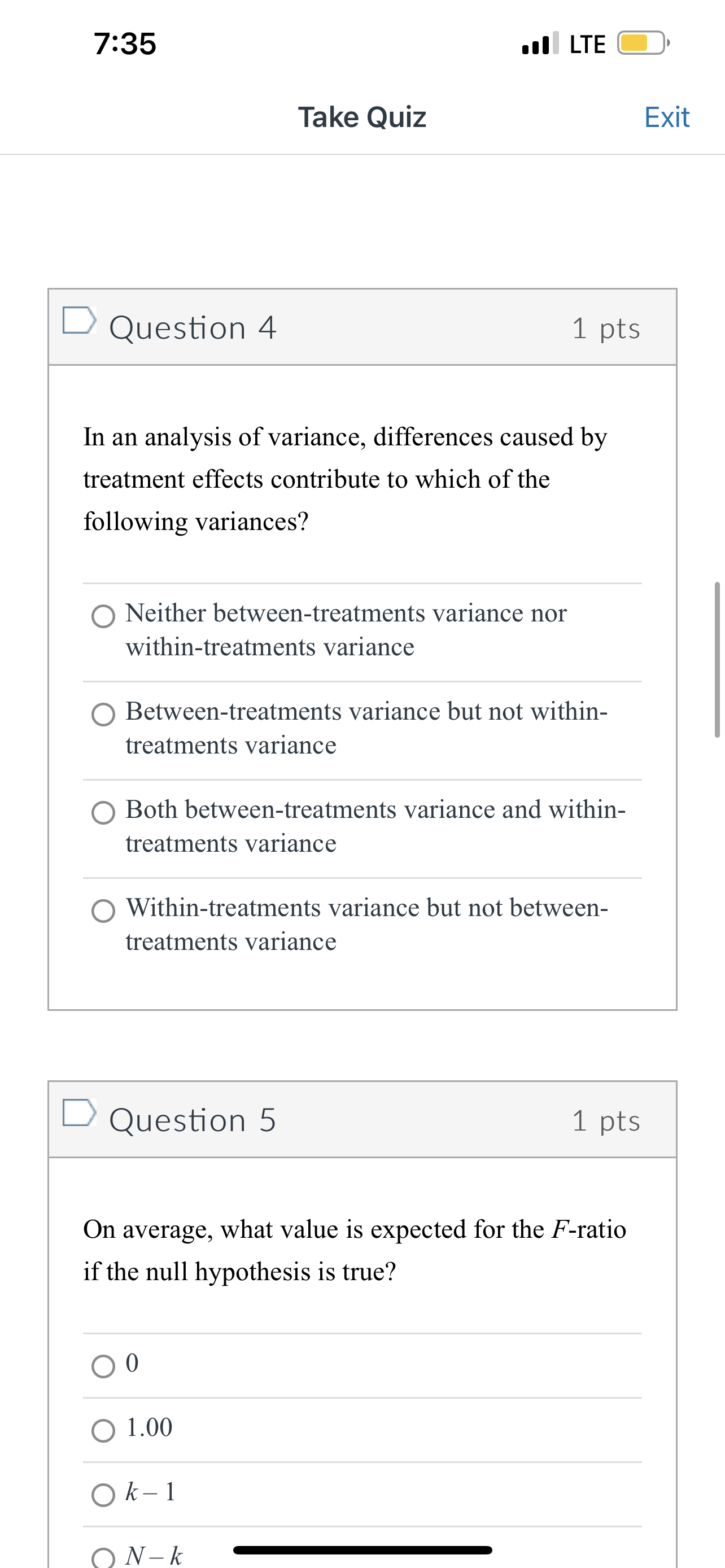 of N scores 0 Population variance 7:35 .01 LTE Take Quiz Exit