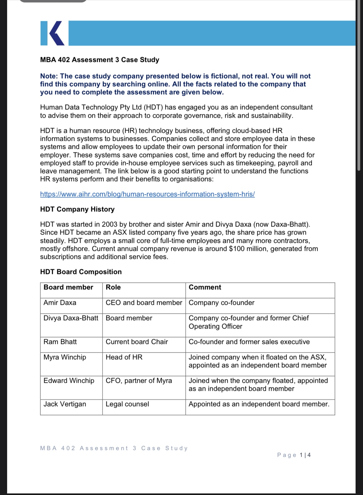  K MBA 402 Assessment 3 Case Study Note: The case study
