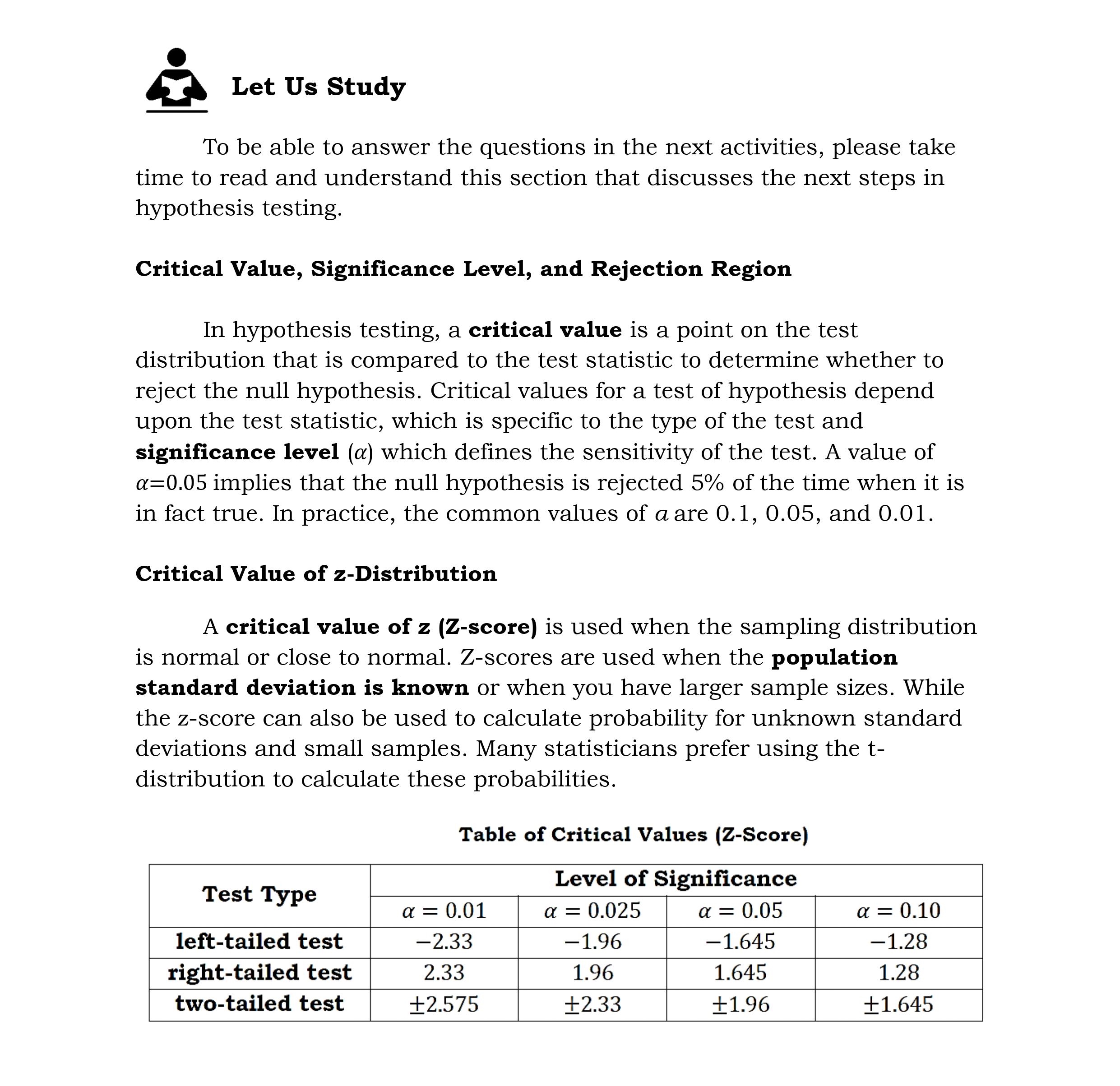 section that discusses the next steps in hypothesis testing. Critical Value, Signicance