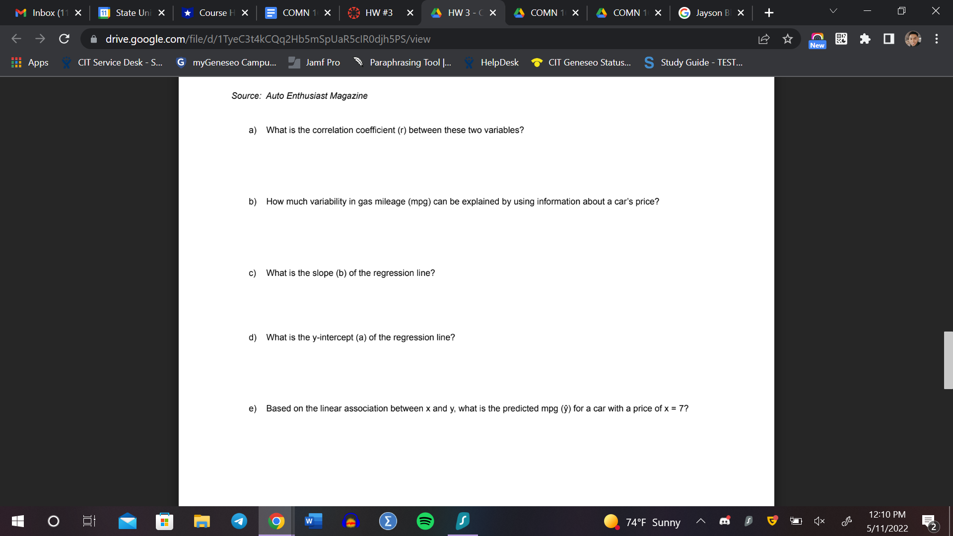 between two variables measured at the ordinal level or higher in which