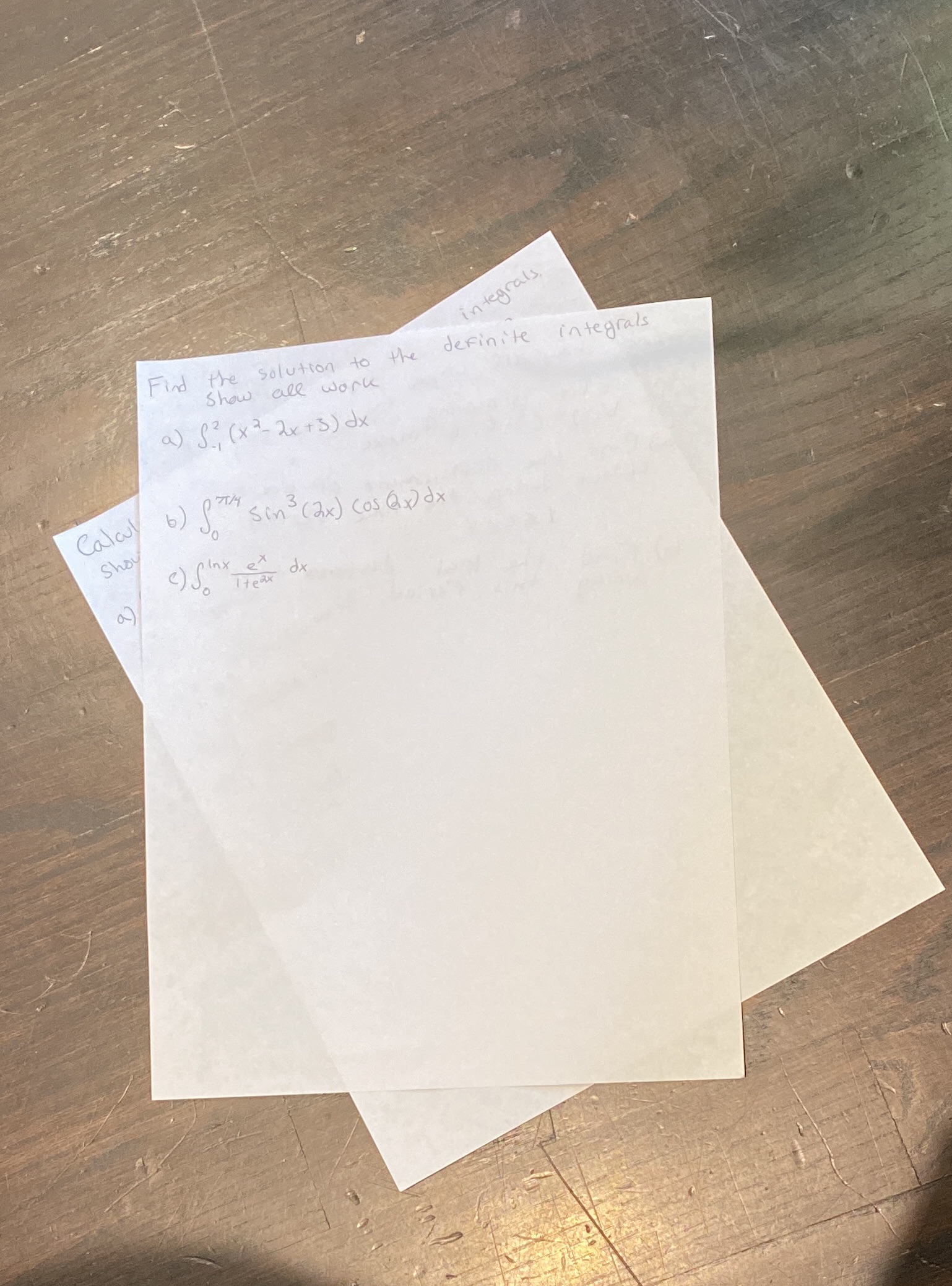 integrals Find the solution to the definite integrals show all work