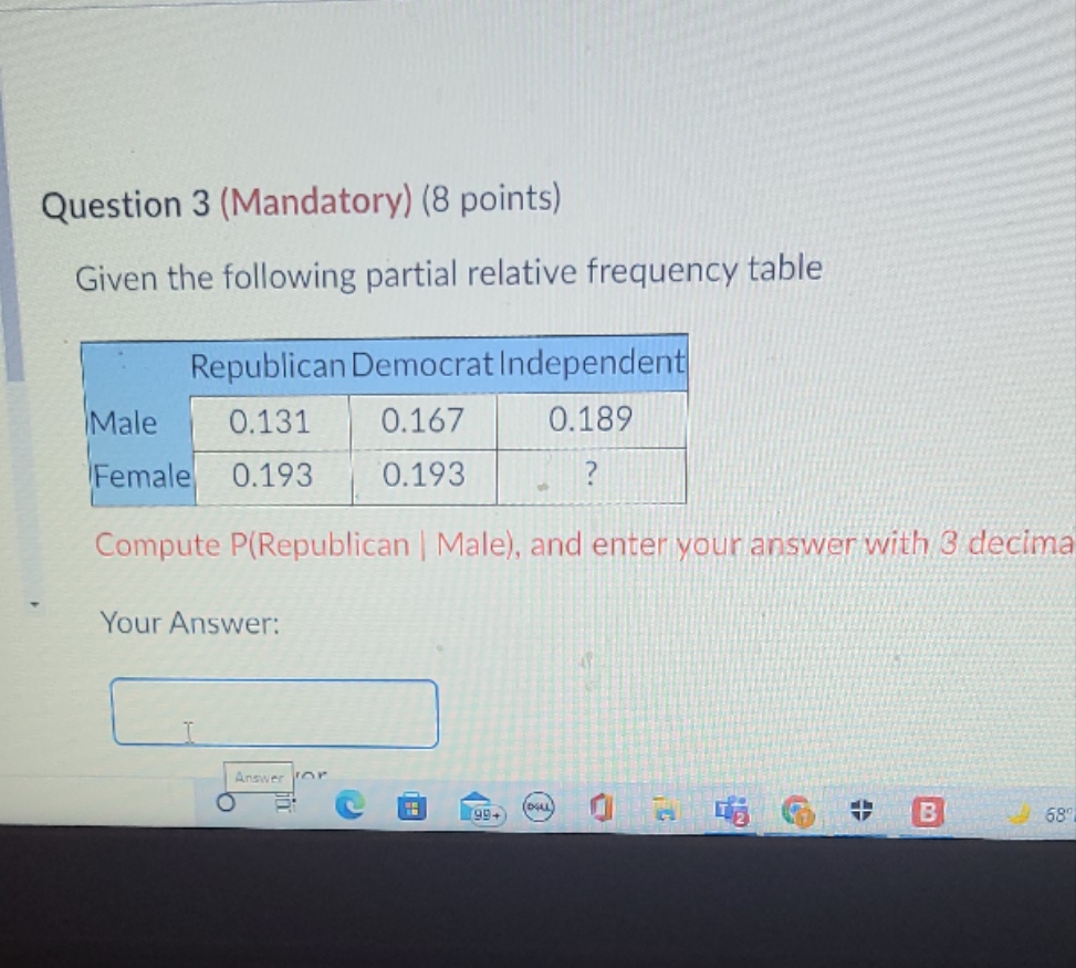 the following partial relative frequency table Republican Democrat Independent Male 0.131 0.167