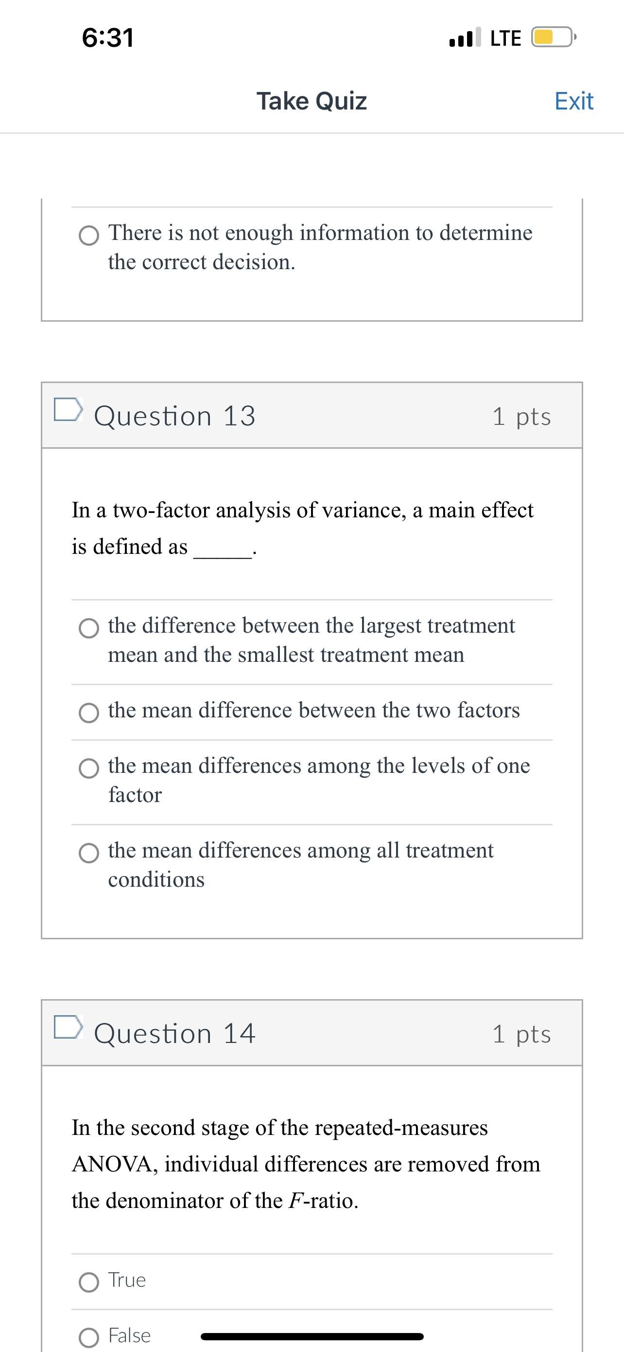 the F -ratio? 6:31 ..| LTE C)- Take Quiz Exit D Question