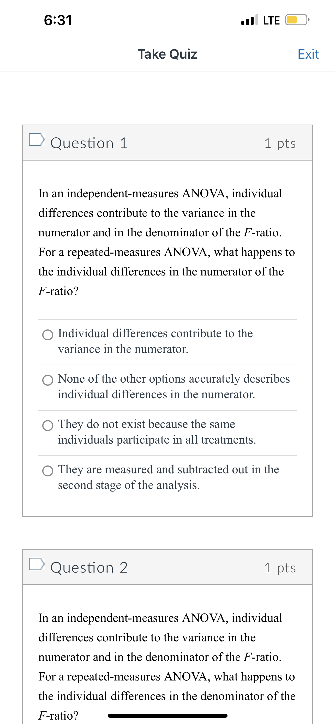 12 1 pts A repeated-measures analysis of variance for a study comparing