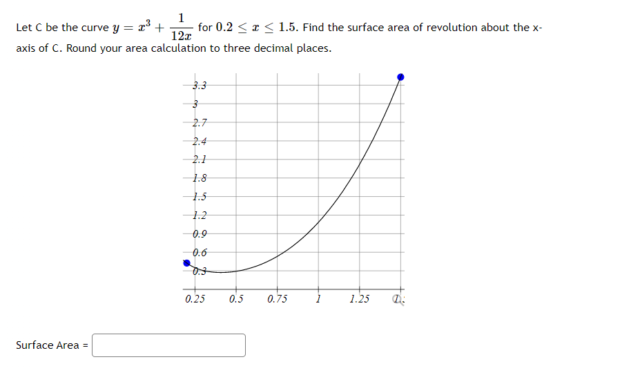 1 for 0.2 < x < 1.5. Find the surface area of