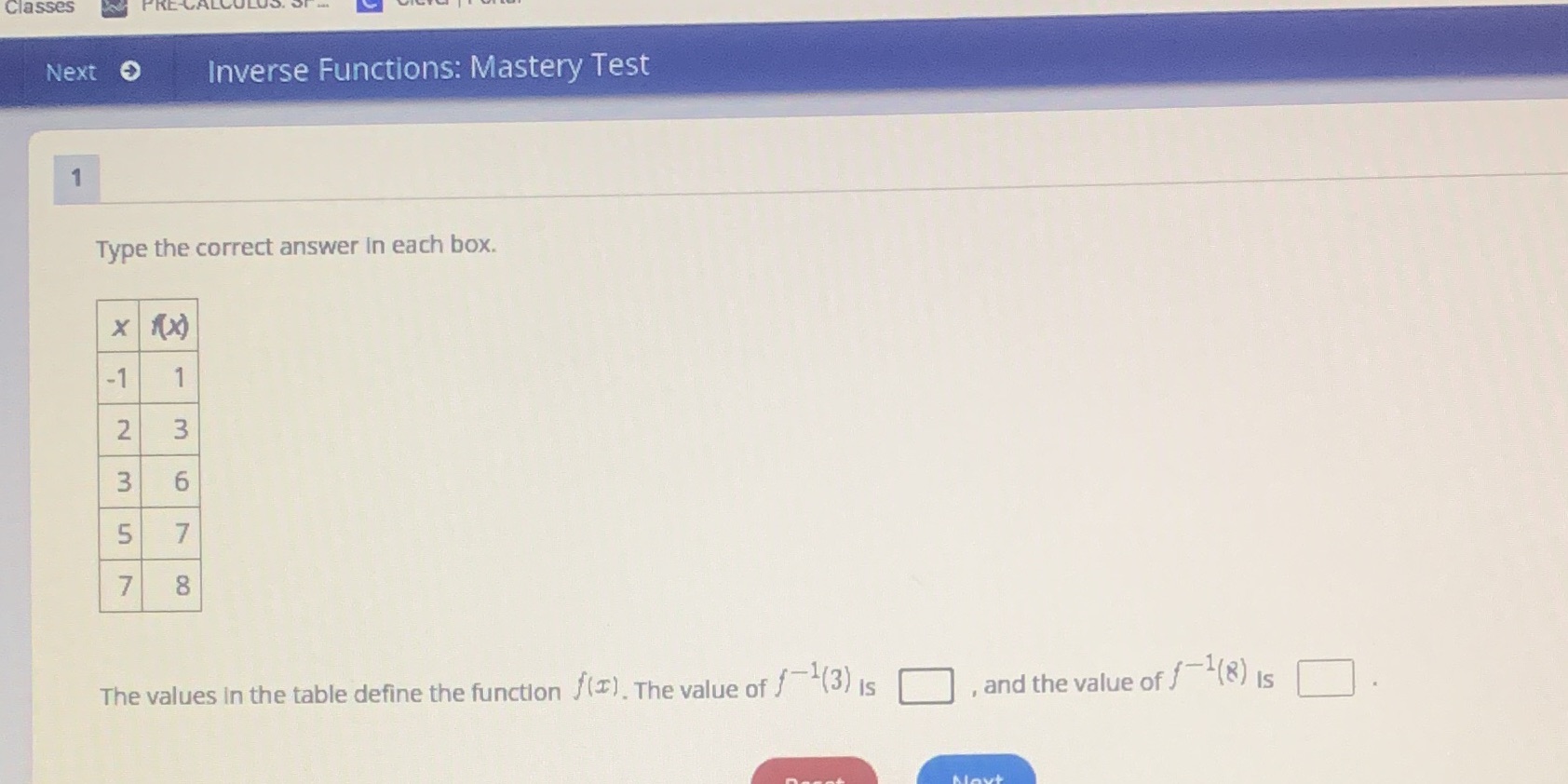 each box. X (x) -1 2 W 6 5 7 7 8