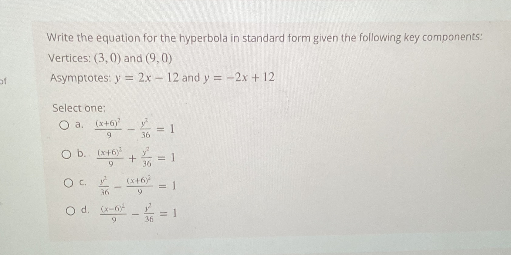standard form given the following key components: Vertices: (3, 0) and (9,