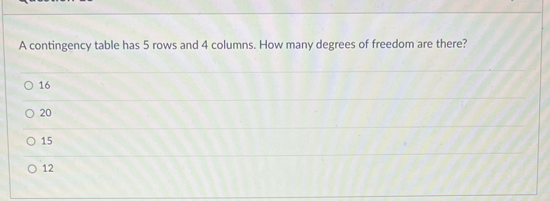 degrees of freedom are there? O 16 O 20 O 15 O