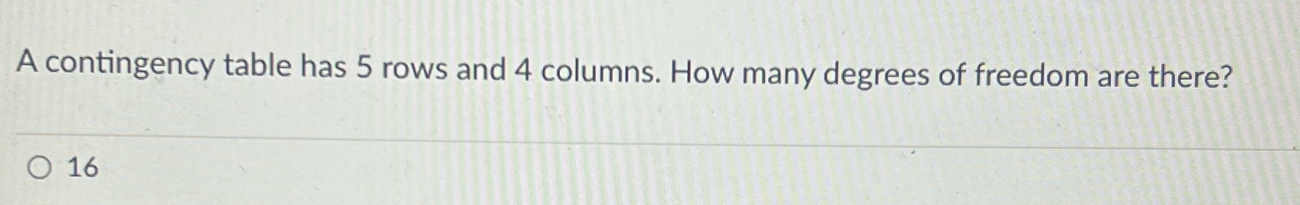 A contingency table has 5 rows and 4 columns. How many degrees