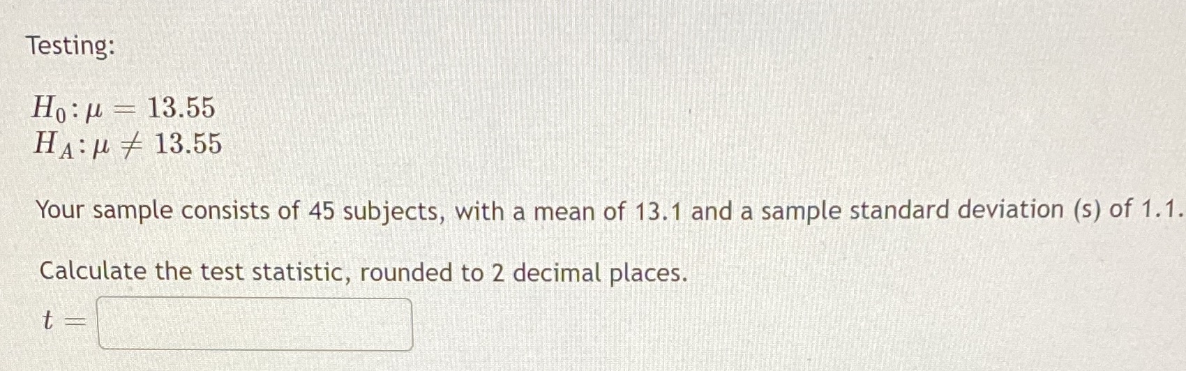 sample consists of 45 subjects, with a mean of 13.1 and a