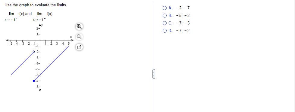 O A. -2; -7 lim f(x) and lim f(x) O B. -