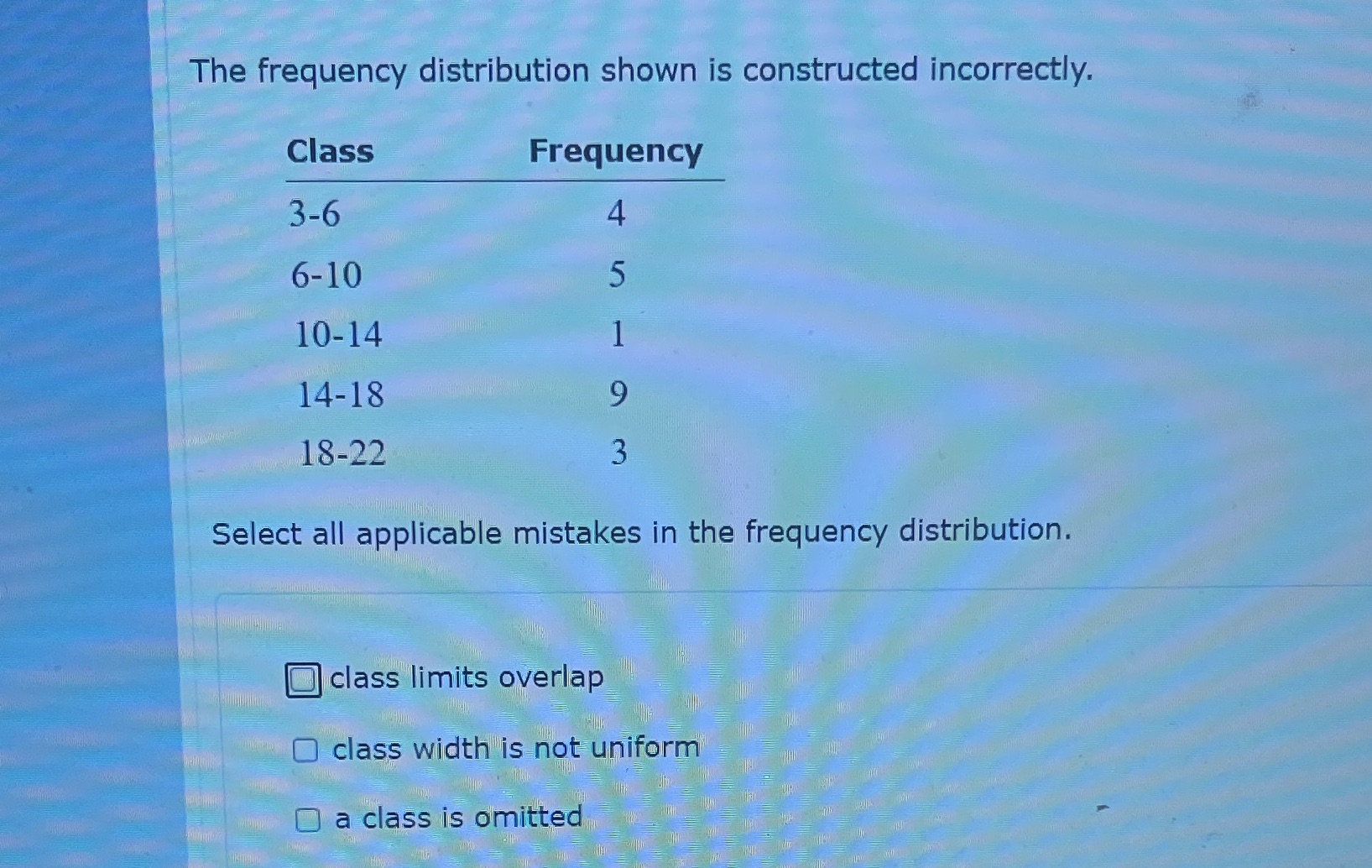 D 6-10 10-14 14-18 9 18-22 W Select all applicable mistakes in
