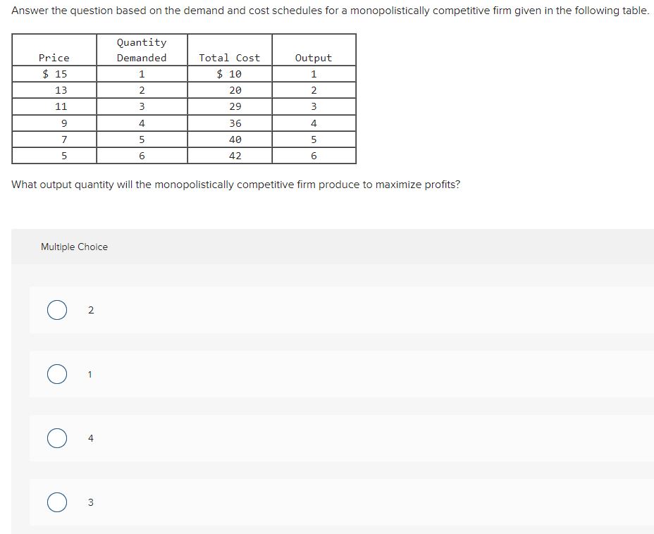 shown are this firm's demand schedule, the profit-maximizing level of output will