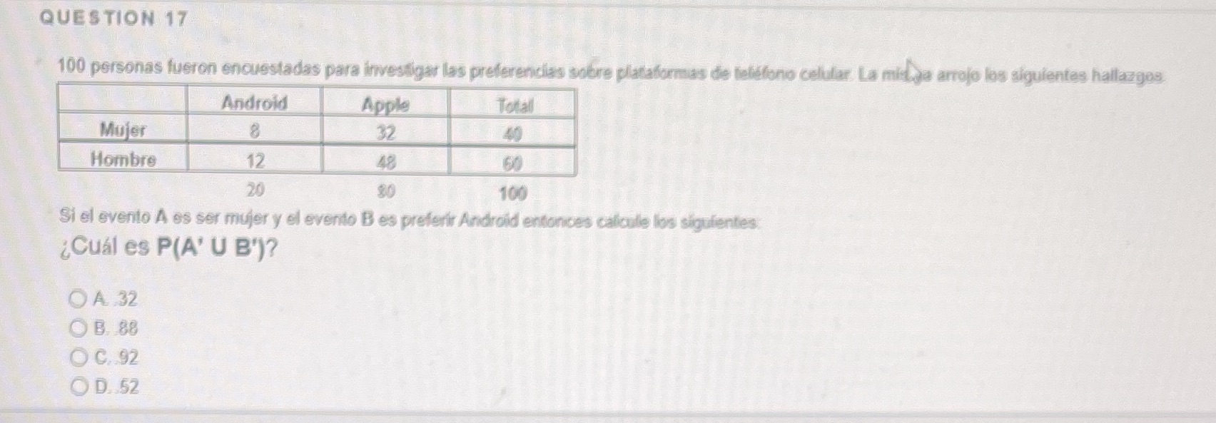 QUESTION 17 100 12 Si y B ocuhl es P(A' U O