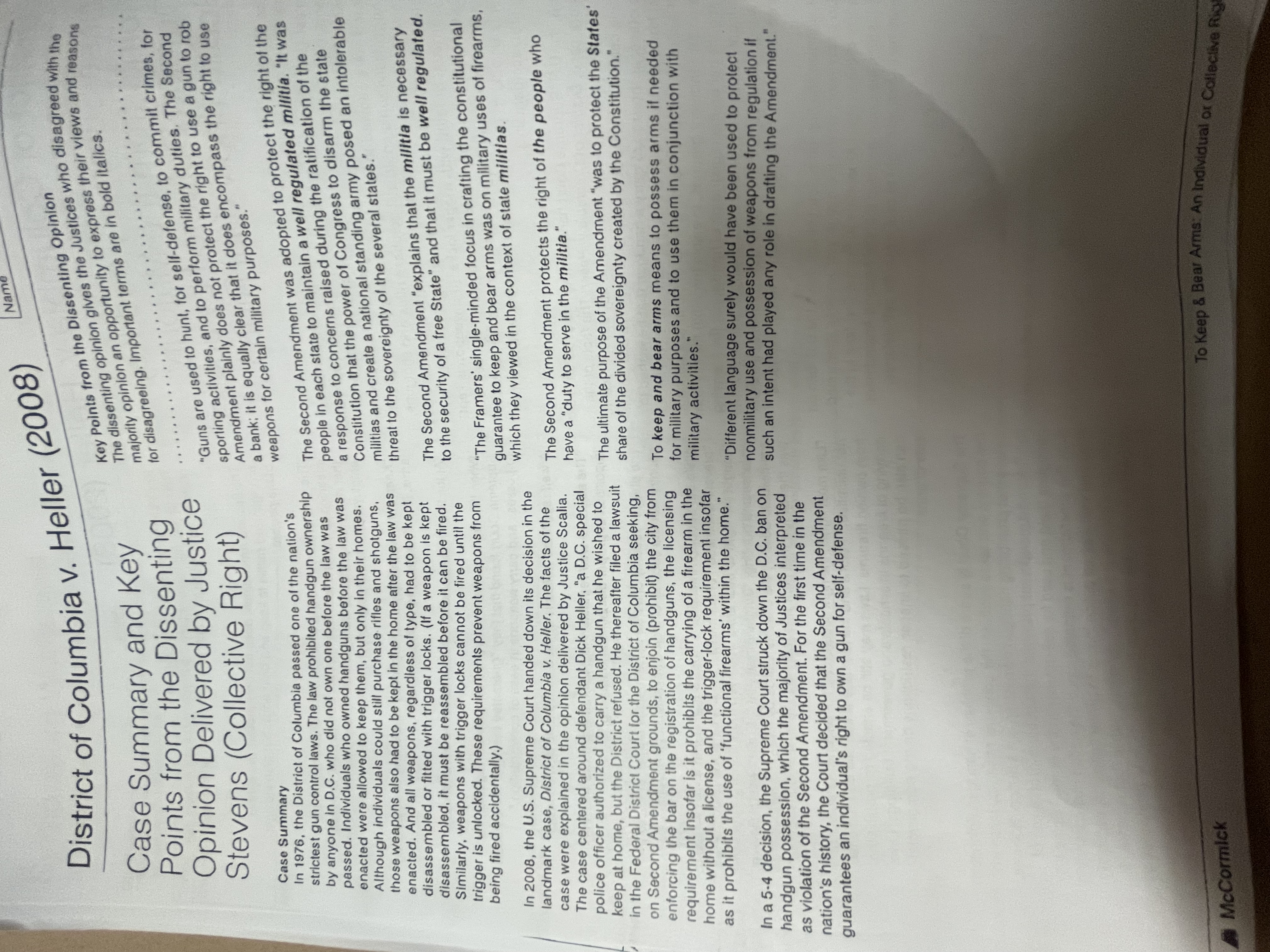 Opinion) Terms D.C. v. Heller (Majority Opinion) Well regulated Militia Free State