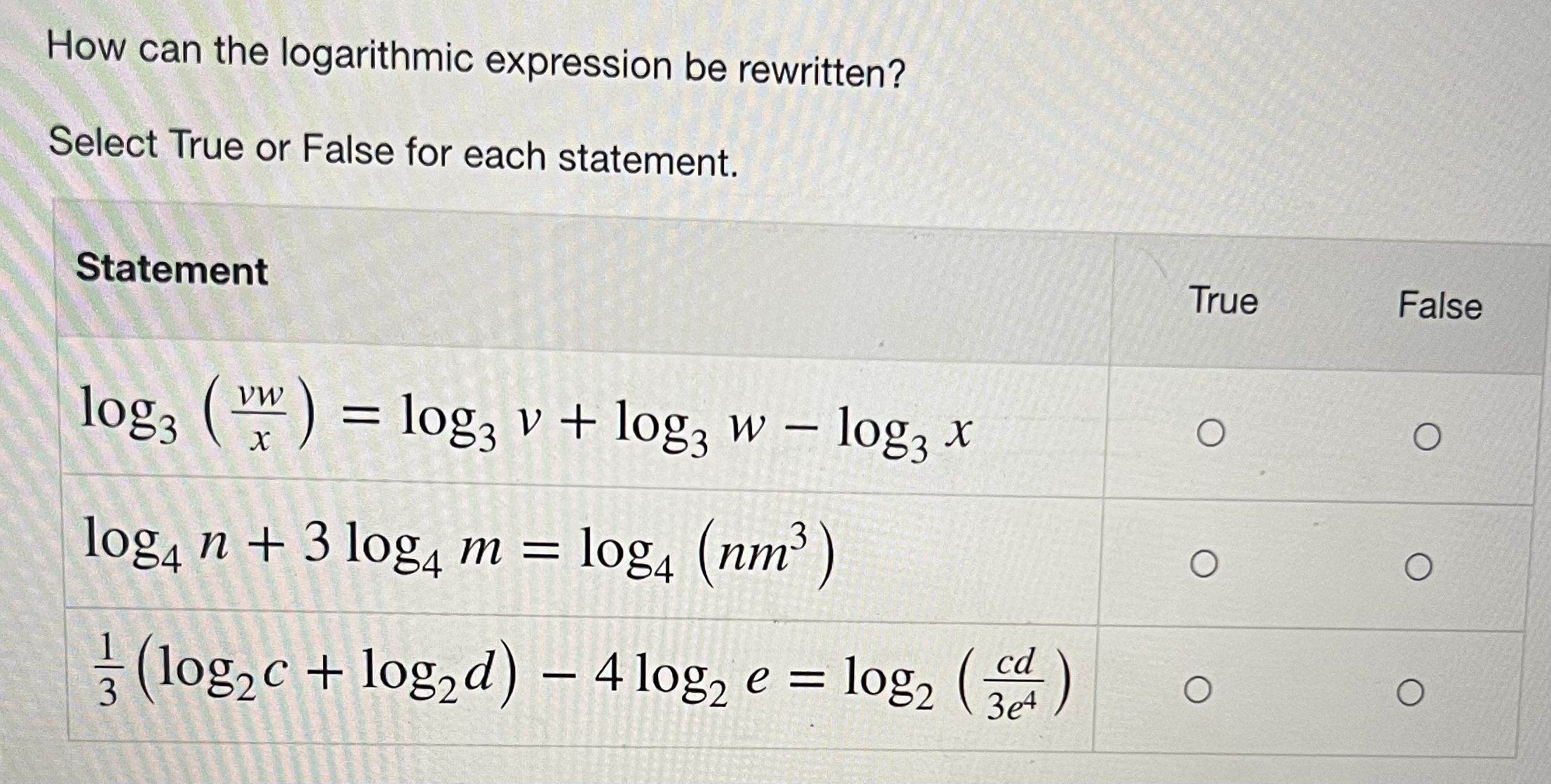 for each statement. Statement True False log3 VW X = 10g3 v