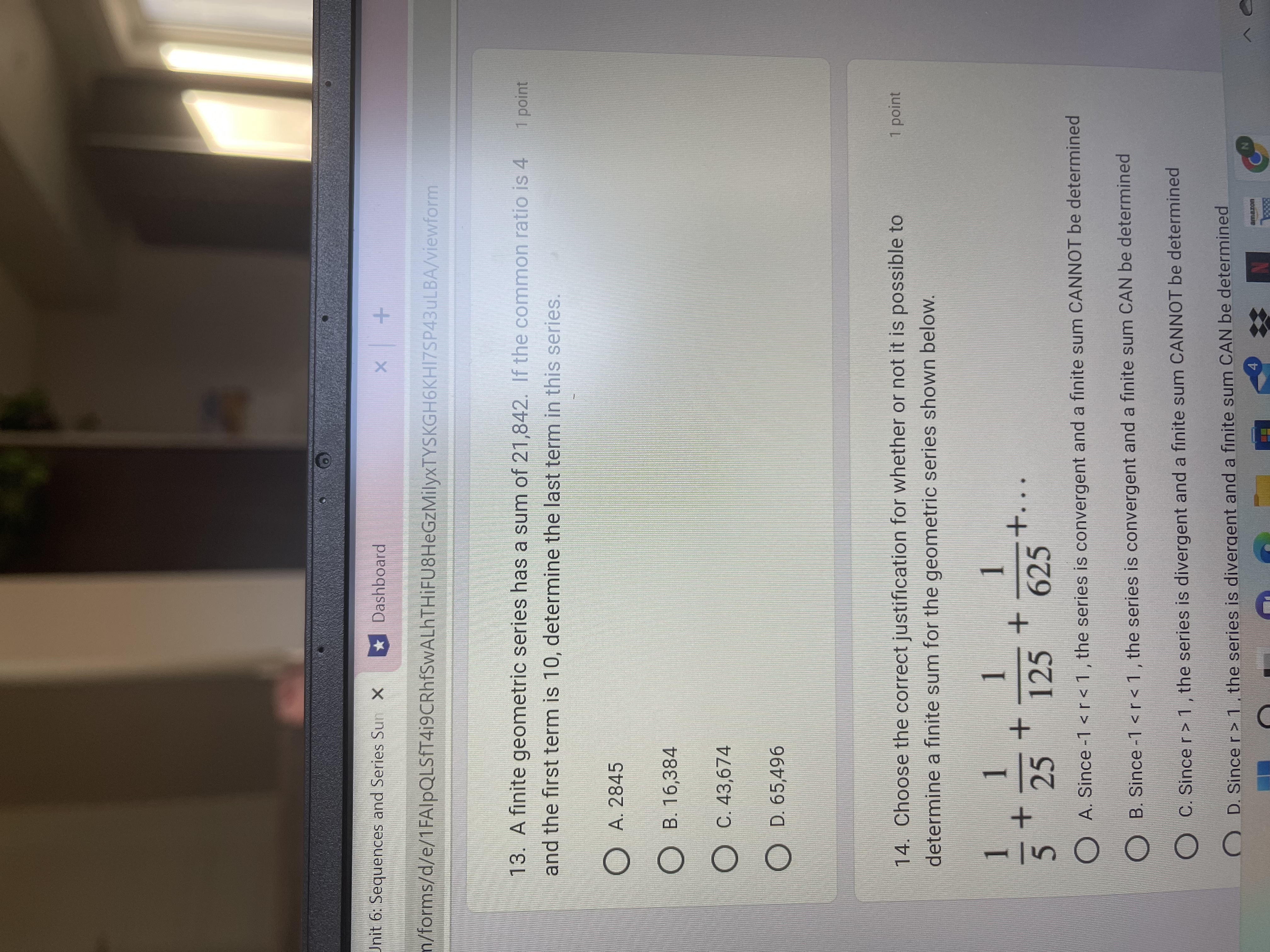 B. 16,384 O C. 43,674 18883Unit 6: Sequences and Series Sun X