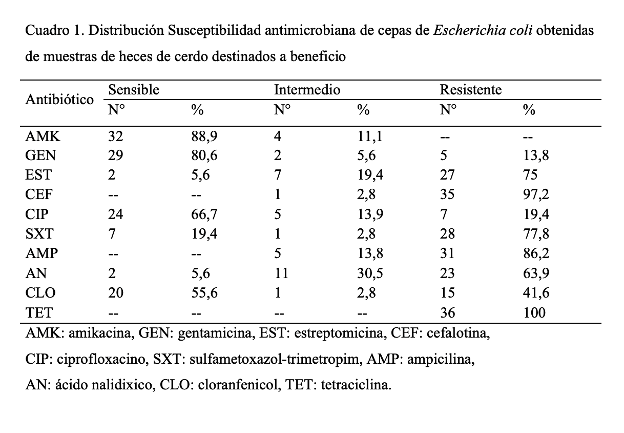 Cuadro 1. Distribuci6n Susceptibilidad antimicrobiana de cepas de Escherichia coli obtenidas de