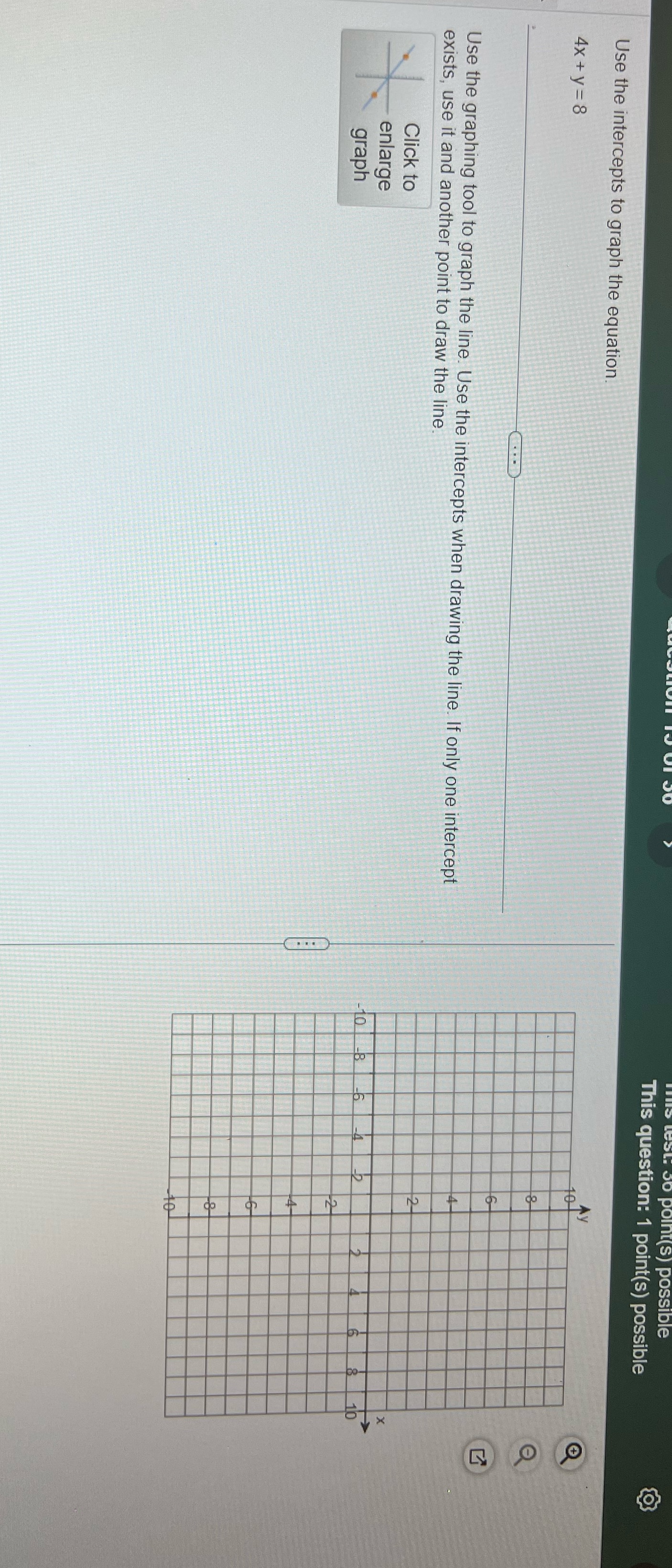 Graph point(s) possible This question: 1 point(s) possible Use the intercepts