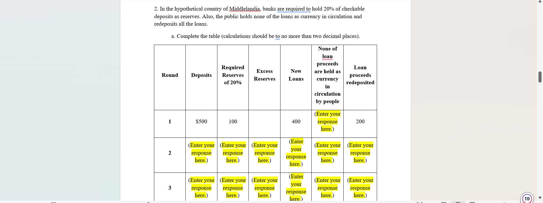 of Westlandia. banks are required to hold 20% of checkable deposits as