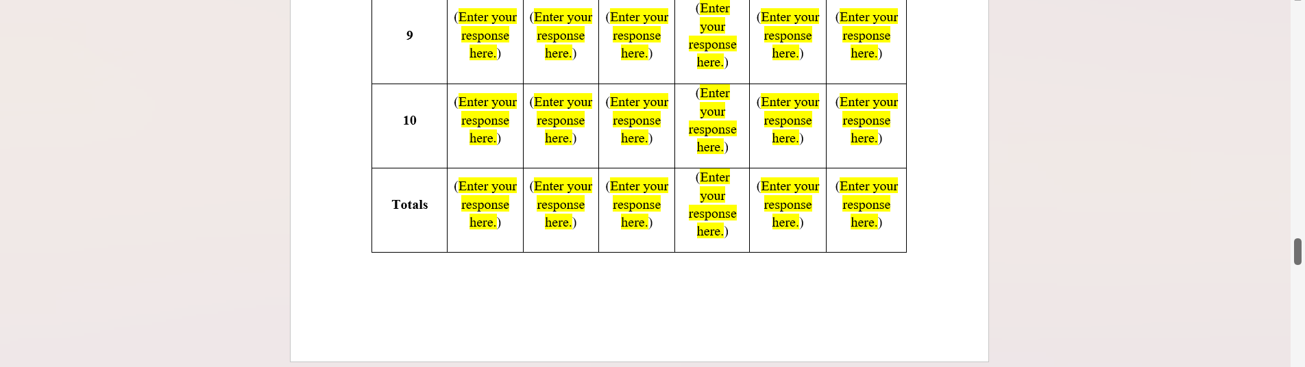 table (calculations should be to no more than two decimal places). 50%