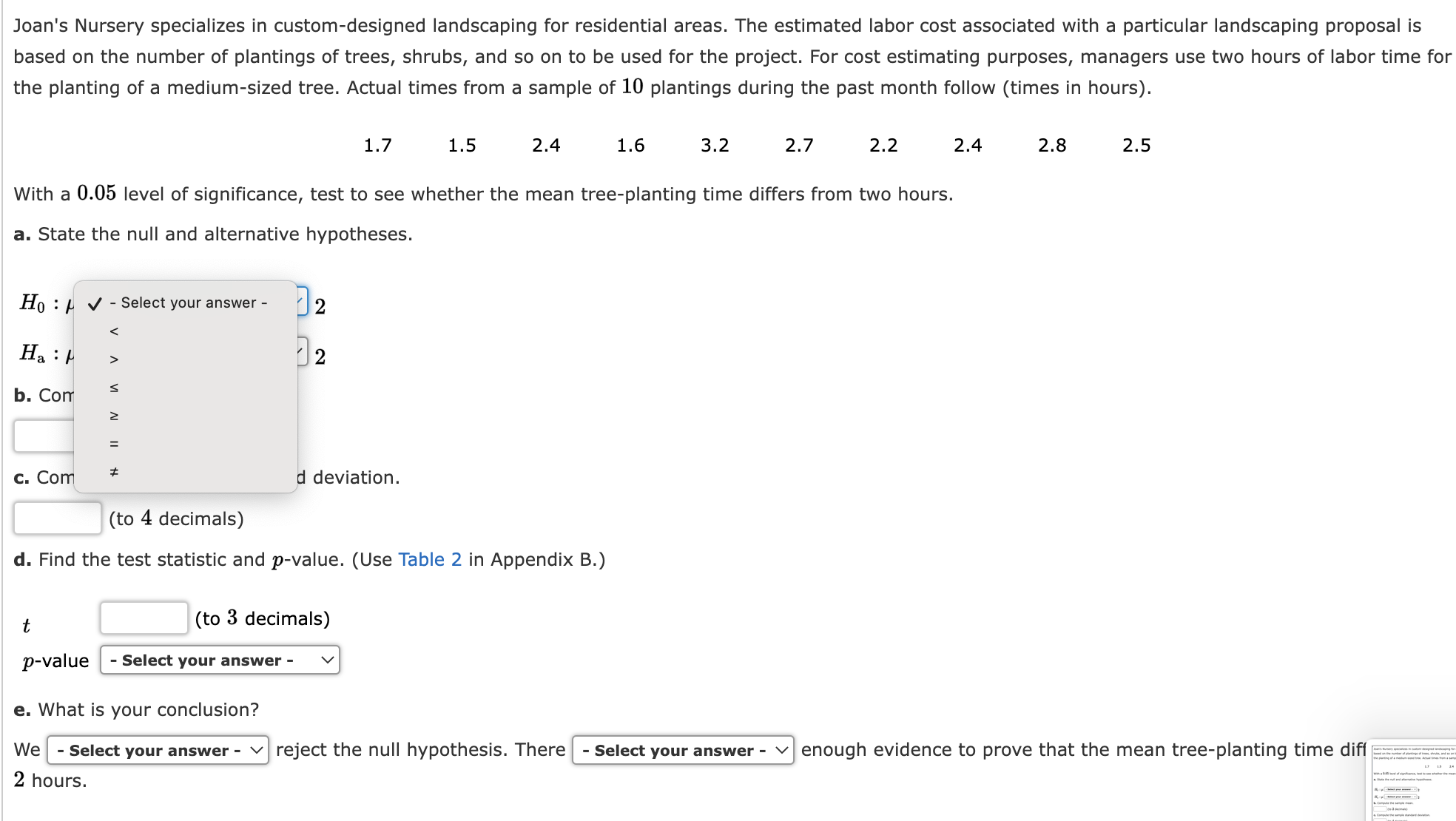 c. Compute the sample standard deviation. (to 4 decimals) d. Find the