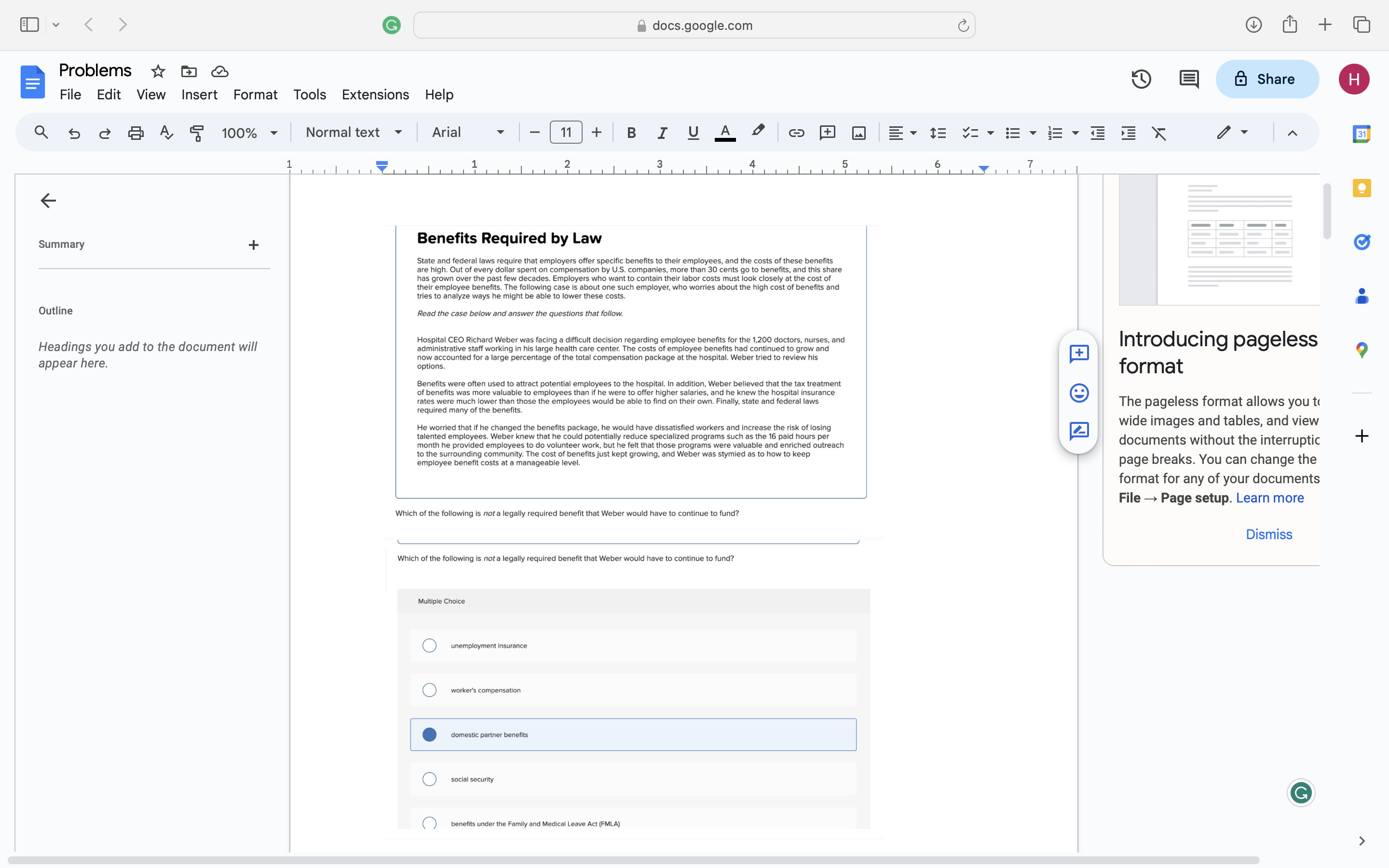 docs.google.com Problems File Summary Outline Edit View Insert Format 100% Tools Extensions