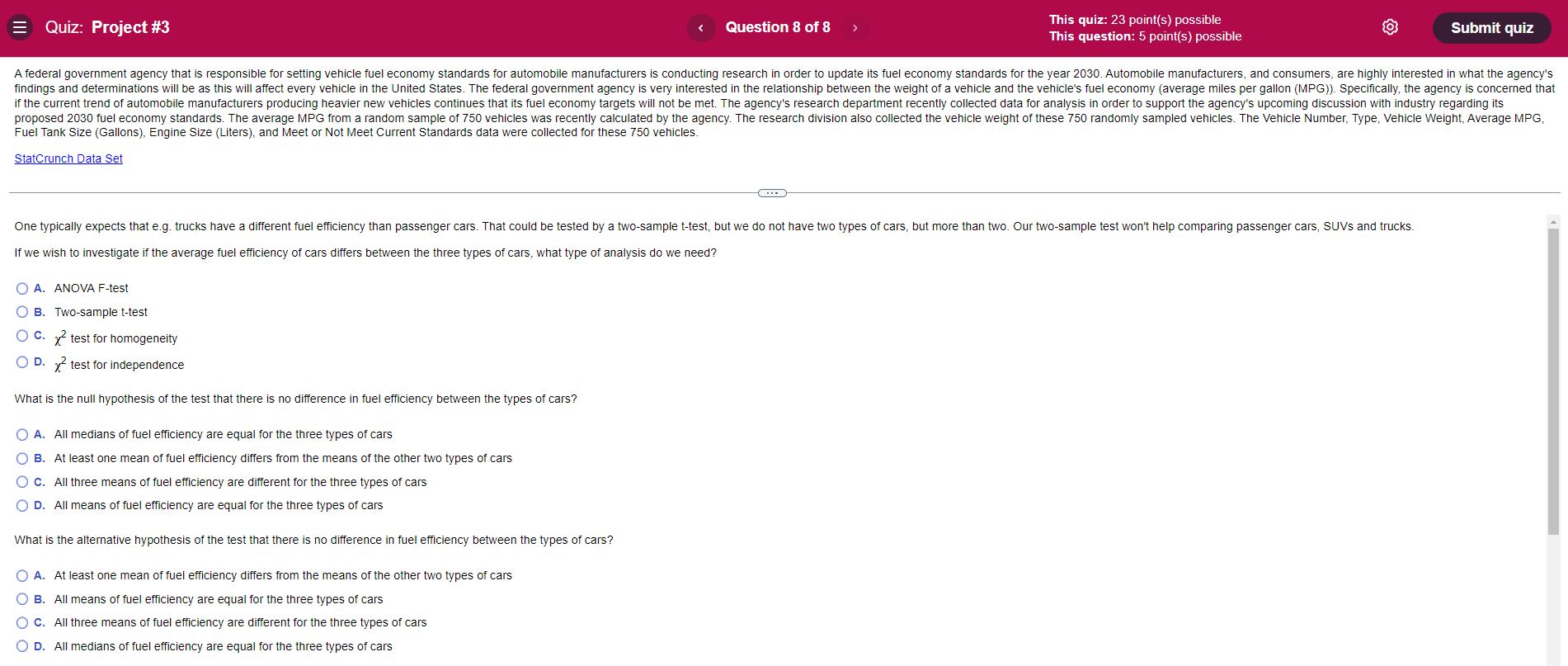 Quiz: Project #3 This quiz: 23 point(s) possible Question 8 of 8