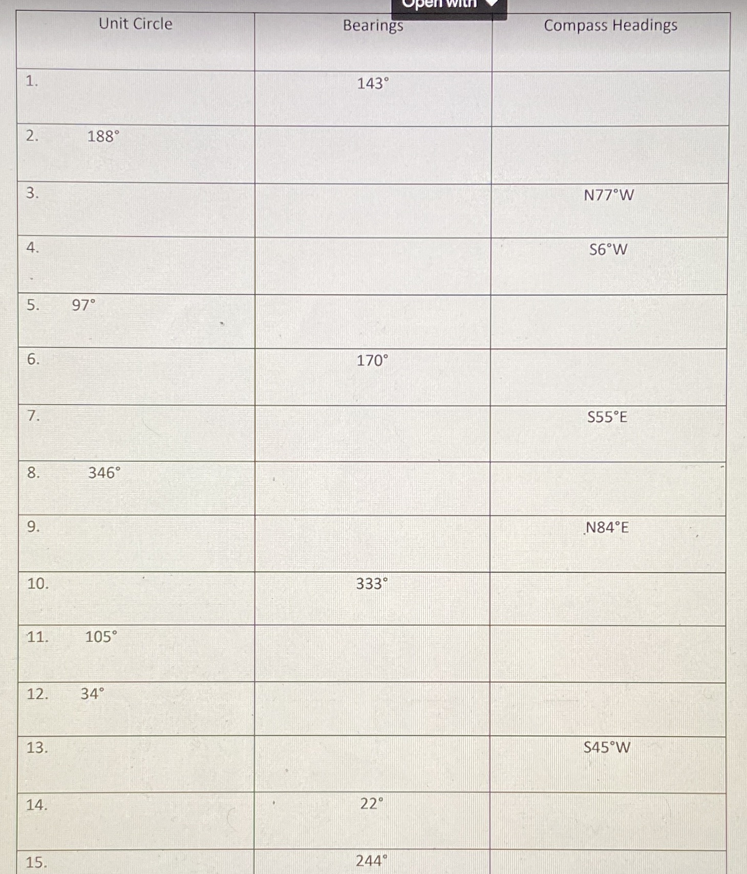10. 11. 12. 13. 15. Unit Circle 1880 970 3460 1050 340