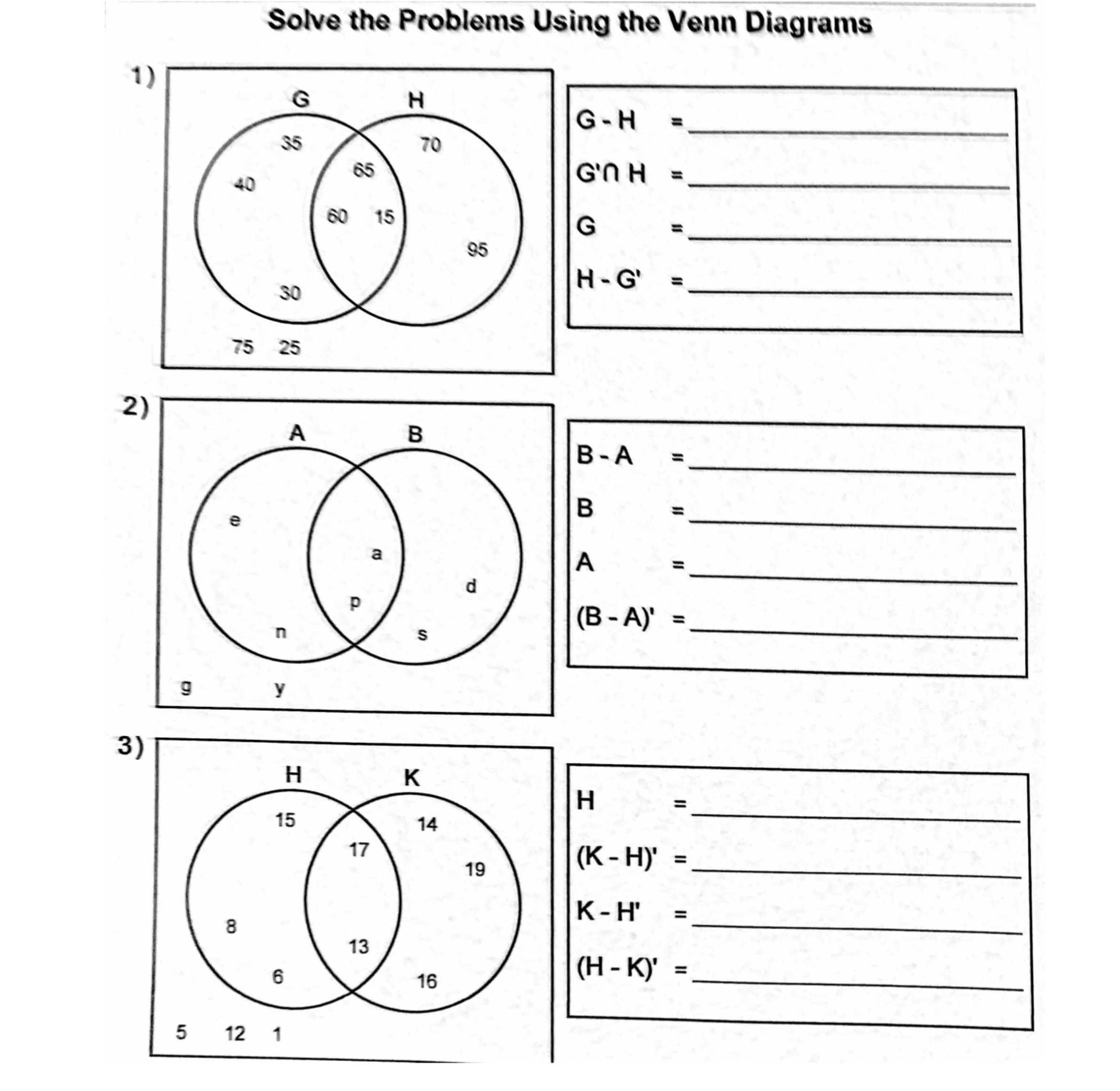 t) 2) 3) 5 Solve the Problems Using the Venn Diagrams en