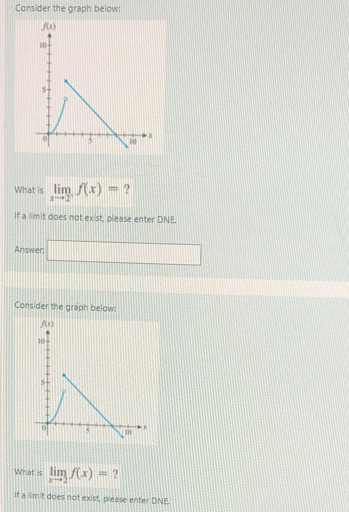 If a limit does not exist, please enter DNE. Answer Consider the